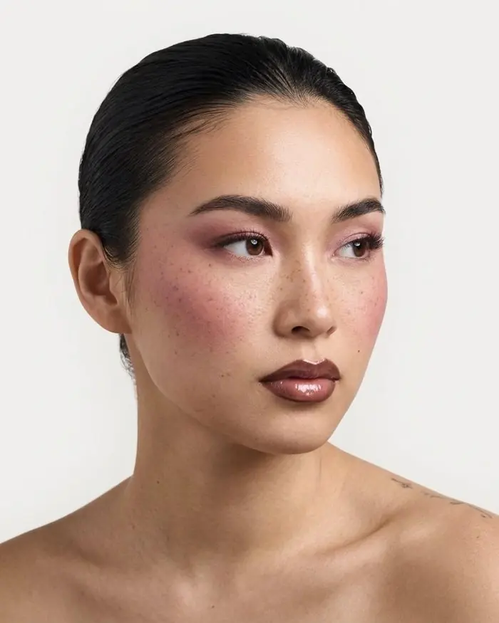Teint frais, joues rosées et lèvres brunes, cheveux plaqués en arrière