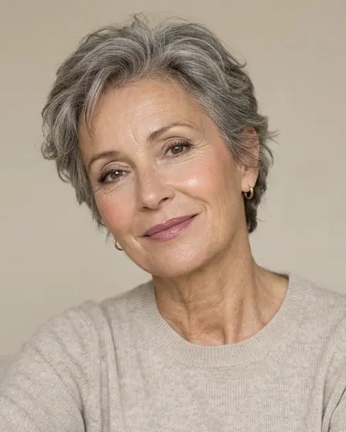Maquillage naturel et lumineux sur peau mature, coupe courte grise
